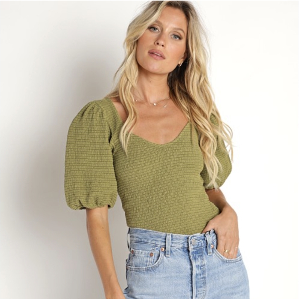 Nation LTD Olive Green Puff Sleeve Smocked Top